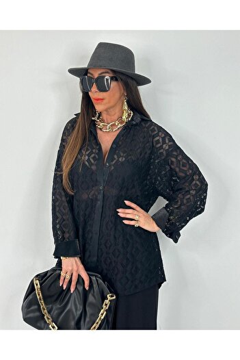 ribana Women's Baklava Pattern Lace Shirt, Black Long Sleeve Stylish and Elegant Office Style -211643