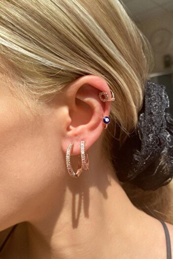 Spossy Silver Jewelry Büyük Boy Mineli Nazar Göz Halka Piercing Küpe
