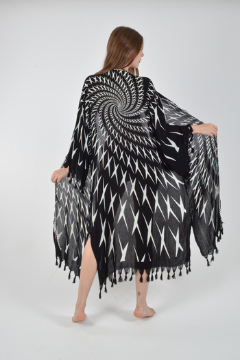 REİNA TEKS Viscon Kimono Bathrobe Black Retro Hypnosis Pattern Cotton Printed Pareo 1 Piece Unisex