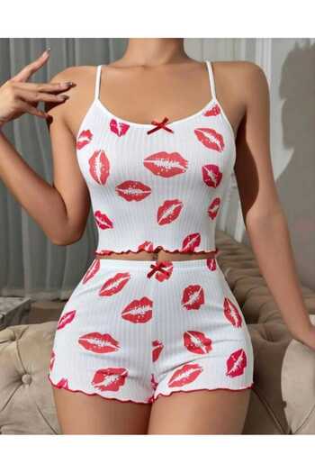 LA VIOR STYLE La Vior Women's White Pajamas Set, Women's Shorts Crop Strap Suit