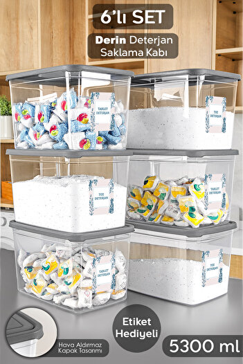 Meleni Home 6-Piece Mega Size Detergent Storage Box - Bathroom Tablet Powder Detergent Box with Label 5.3 Liter Transparent