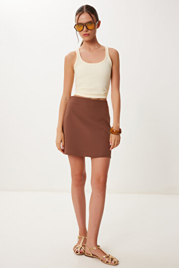 Happiness İstanbul Women's Brown Mini Woven Skirt Fn03466
