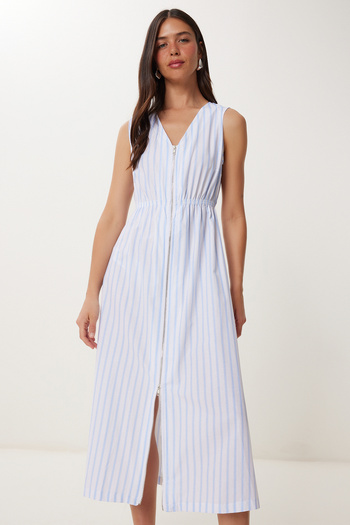 Happiness İstanbul Rochie midi țesută cu dungi pentru femei Sky Blue White FG00049