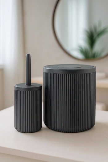 Sas Haus Lines Series Gray Bathroom Set, 2 Piece Acrylic Cylinder 5 Liter Trash Can and Toilet Brush Set 3