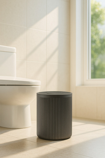 Sas Haus Lines Series Gray Bathroom Set, 2 Piece Acrylic Cylinder 5 Liter Trash Can and Toilet Brush Set 3