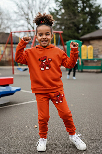 TRENDYOLKIDS Orange Boy's Printed Hooded Knitted Bottom-Top Suit Tkdaw25Au00068