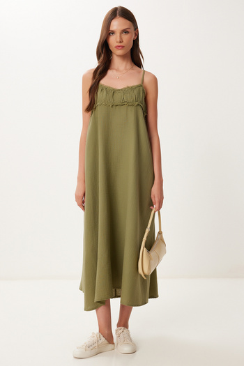 Happiness İstanbul Women's Khaki Tassel Strap Summer Muslin Dress Bv00152