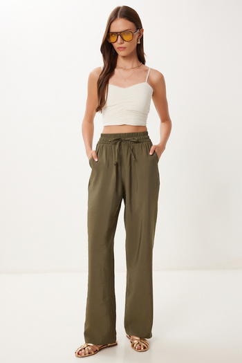 Happiness İstanbul Women's Khaki Wide Leg Summer Modal Trousers Bv00157