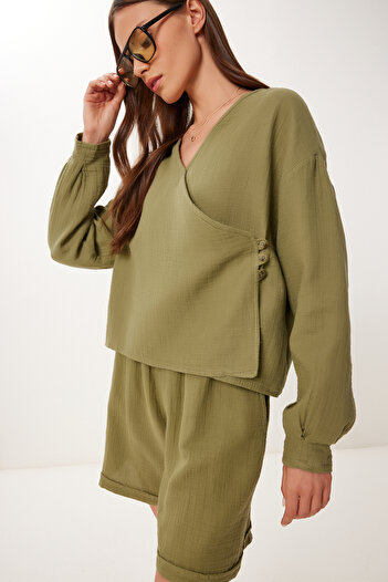 Happiness İstanbul Women's Khaki Muslin Blouse Shorts Set Bv00151