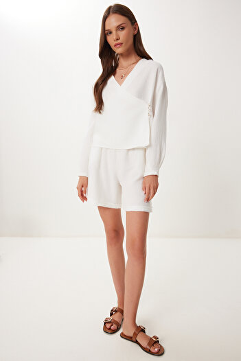 Happiness İstanbul Women's Ecru Muslin Blouse Shorts Set Bv00151