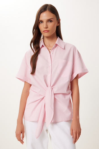Happiness İstanbul Women's Pink Tie Detail Poplin Shirt Bv00140