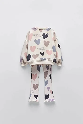 Magu Girl's Heart Patterned Winter 3 Thread Cotton Sweatshirt Tights Top and Bottom Set