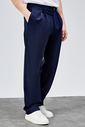 HLT JEANS Erkek Lacivert Çift Pileli Rahat Kesim Beli Lastikli Bol Paça Baggy Pantolon ALBERT-1989