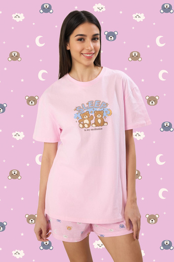 Trendyol Collection Pink 100% Cotton Teddy Bear and Galaxy Pattern Sleep Band Shorts Knitted Pajamas Set Thmss25Pt00360