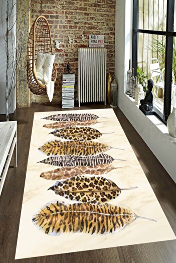 Resmiro Leoparlı Yaprak Desenli Dijital Baskılı Halı