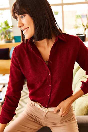 Olalook Women's Burgundy Thin Corduroy Shirt GML-19000443