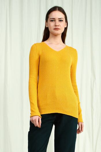 Collezione Saffron V-Neck Ribbed Long Sleeve Women's Basic Sweater
