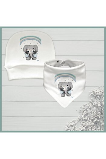 Niles Baby design for baby Unisex Baby Ecru Printed Organic Bib Beanie Collar Set