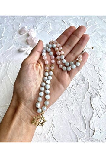 Angel Tasarım 54lü Mala Kolye Pembekuvars & Aquamarine