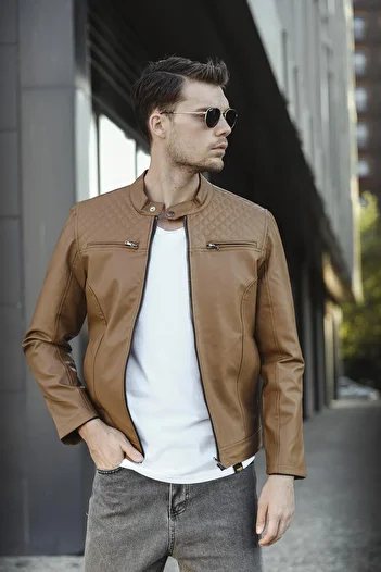 Oksit Кожено яке Filbert - Slim Fit, с поларена подплата и ватиран детайл
