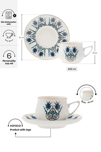 Karaca İznik 12dílná sada porcelánových šálků na espresso turecké kávy pro 6 osob, 100 ml, multifunkční