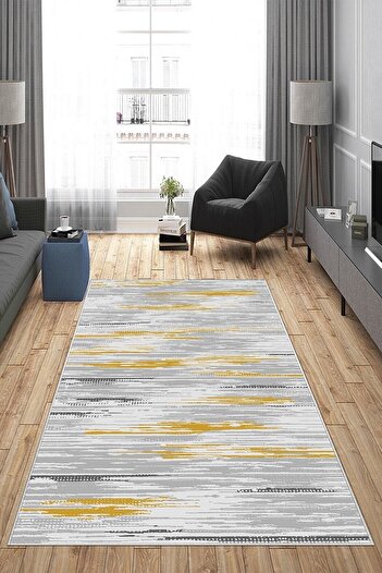 on the clouds Gri Desenli Hardal Detaylı Yıkanabilir Kaymaz Taban Leke Tutmaz Modern Salon Halısı Ve Yolluk