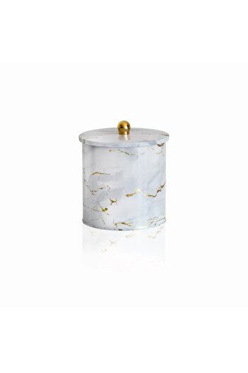 EVLE Ef147-51 Marble White Patterned Round Metal Storage Container 17.5 Cm