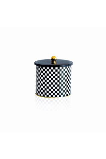 EVLE Ef146-g8 Checkers Black Patterned Round Metal Storage Container 17.5 Cm
