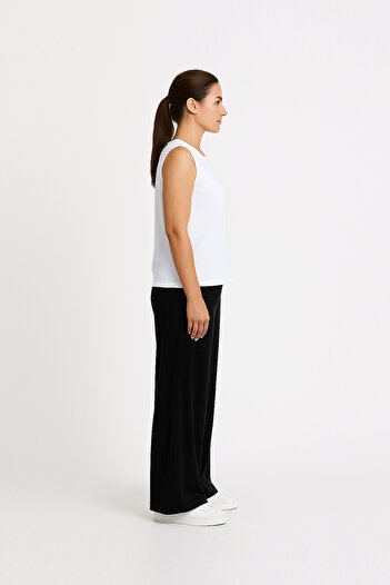 Cottonland Women's Katia Draped Wide Leg Elastic Waist Elastane Combed Cotton Trousers Black