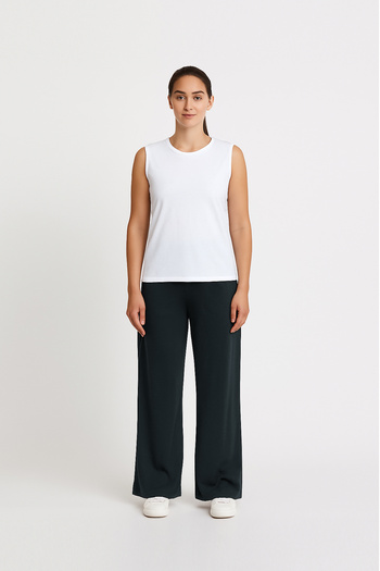 Cottonland Women's Katia Draped Wide Leg Elastic Waist Elastane Combed Cotton Trousers Smoked