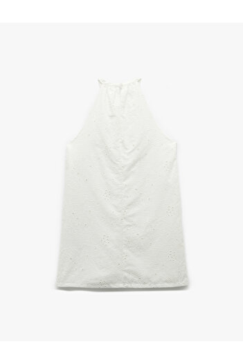 Koton Pamuklu Kolsuz Brodeli Fistolu Çiçekli Halter Yaka Mini Elbise
