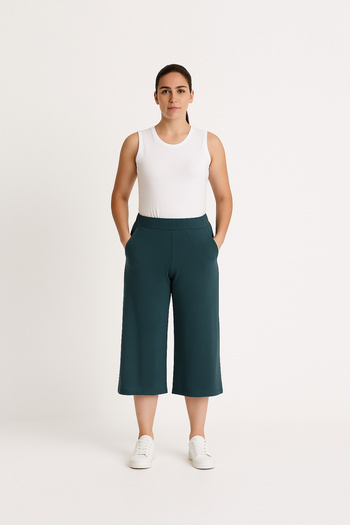 Cottonland Women's Estela Thin Summer Wide Leg Elastic Waist Combed Cotton Capri Pants Petrol