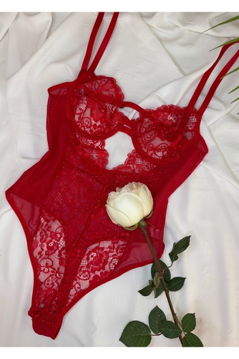 ROZENİN LINGERIE Red Lace Underwire Capless Transparent Bodysuit with Snaps at the Bottom