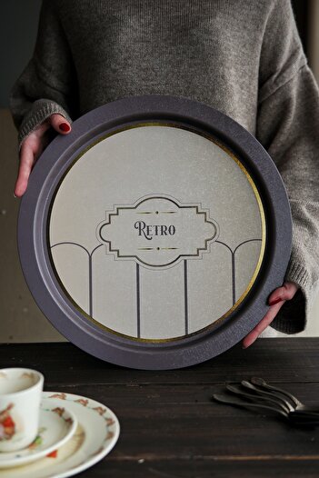 EVLE Retro Patterned Round Metal Tray - Tea Coffee Tray - Presentation Tray 37 Cm Ee163-u6