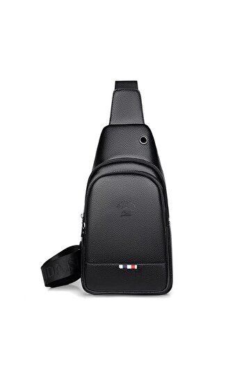 Newish Unisex Black Vegan Leather Cross Shoulder Bag with Headphone Outlet Waist Bag Daily Bag