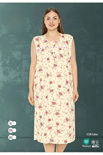 MİSS LOLİTA Women's Plus Size Floral Print 100% Cotton Sleeveless Nightgown 505-B