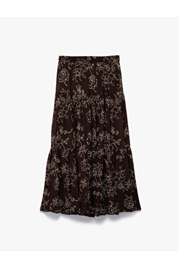 Koton Viscose Krinkle Fabric Comfortable Fit Elastic Waist Layered Midi Floral Flared Skirt