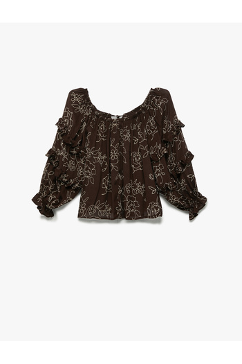 Koton Viscose Krinkle Fabric Ruffled 3/4 Balloon Sleeve Floral Embroidered Round Neck Blouse