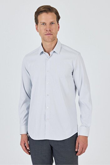 İmza White-Blue Hard Collar Pocketless Gabardine Long Sleeve Slim Fit Stretch Shirt 1004250231