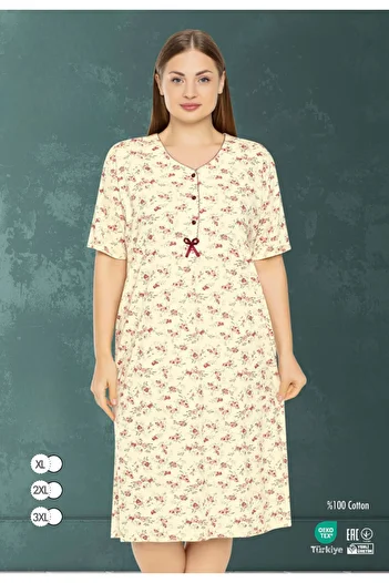 MİSS LOLİTA Women's Plus Size Floral Print 100% Cotton Short Sleeve Nightgown 501-B