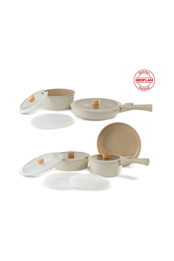 NEOFLAM Midas Beige 15 Piece Nested Induction Pot and Pan Set with Detachable Handles