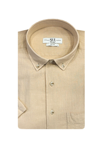 SÜVARİ Beige Men's Shirt - Short Sleeve, Loose Fit, Full Cotton