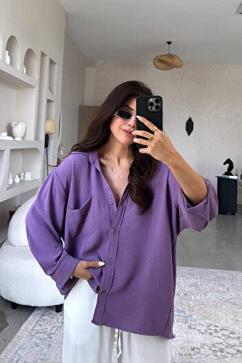 Paw Garage Women's Perla Purple Single Pocket Oversize Shirt, Summer Wide Fit Shirt, Ayrobin Shirt