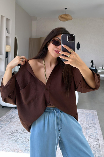 Paw Garage Women's Perla Brown Single Pocket Oversize Shirt, Summer Wide Fit Shirt, Ayrobin Shirt