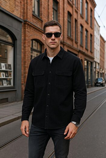 Bluewhite Men's Black Jean Shirt with Pockets