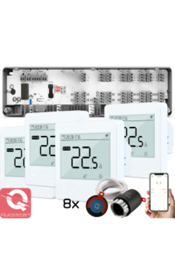 Quicksmart Pachet Automatizare Incalzire Pardoseala Q10, Controller pardoseala 8 zone, 4x Termostat cu fir Q40,