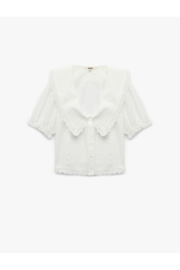 Koton Buttoned Short Balloon Sleeve Scalloped Brocade Wide Baby Collar Shirt