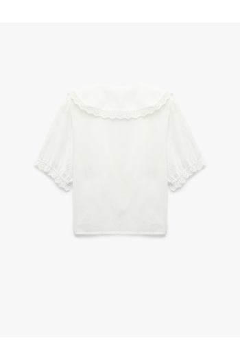 Koton Buttoned Short Balloon Sleeve Scalloped Brocade Wide Baby Collar Shirt