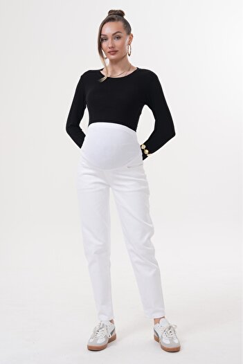 BIG LESSON Maternity Stretchy Tummy Band Waist Adjustable Mom Fit Jeans Pants White