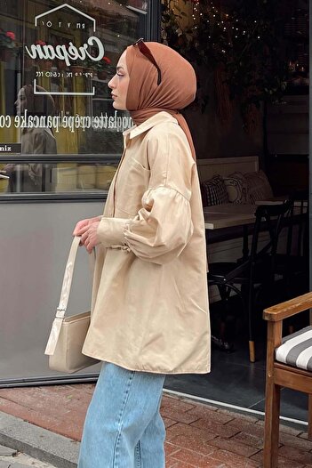 lamelif Πουκάμισο Oversize Μπεζ Χρώμα - Λεπτομέρεια με δέσιμο στο μανίκι